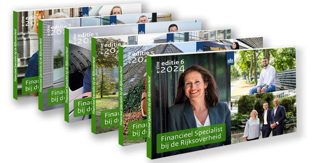 De cover van de 6 edities van het e-zine financieel specialist bij de Rijksoverheid