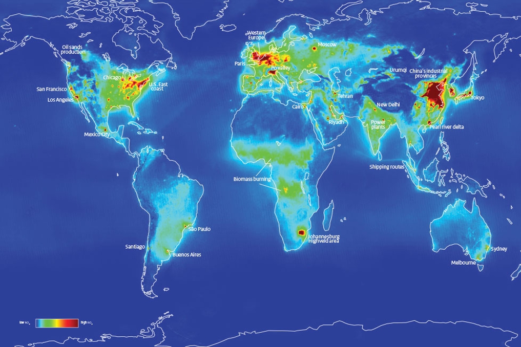 Wereldkaart van stikstofdioxide (NO2) gemeten tussen 2005 en 2010 door OMI.